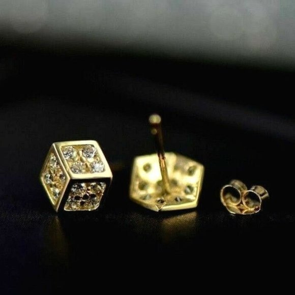Solid 14K Gold Fancy Post Dice Stud Push Back Earrings Large 8 x 8.8 mm - Picture 7 of 11